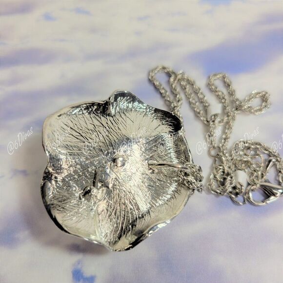 Large Silver Rose Flower Pendant Necklace - Picture 4 of 4